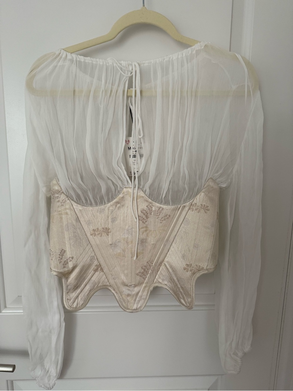Zara White Sheer Off-Shoulder Blouse with Cream Brocade Corset